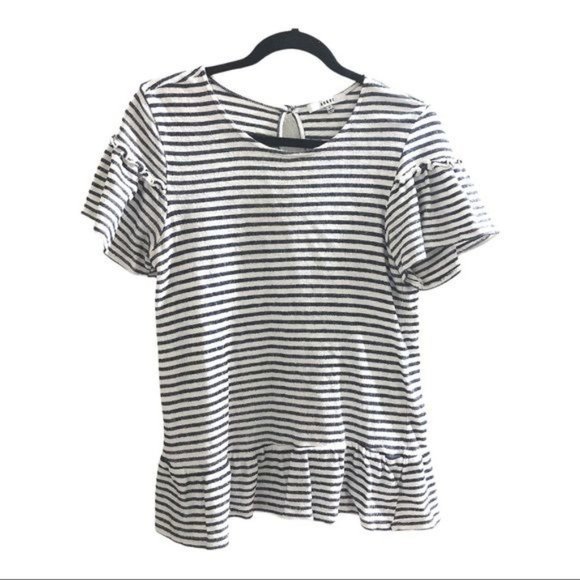 RO&DE White Navy Stripe Short Sleeve Peplum Top M - Picture 2 of 7